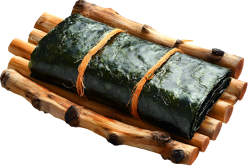 Bamboo sushi rolling mat with nori sheet isolated on white background