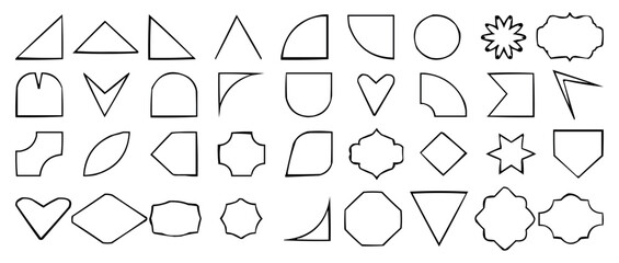 Outline Geometric Shape Collection. Abstract Frame and Badge Icons Set for Design and Decoration. Vector illustration isolated on clear background.