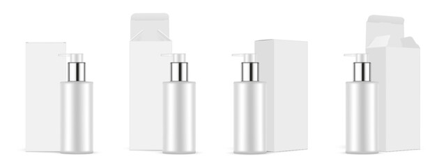 Set of realistic vector cosmetic bottles mockups with pump dispensers alongside blank cardboard boxes. Ideal for showcasing skincare, beauty, or personal care product packaging