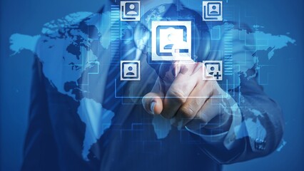 Businessman Interacting with Global Digital Interface in Virtual World Map Background