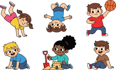 Happy children playing outdoor games, building sandcastles, shooting basketball, doing handstands, enjoying sunny day with fun, joy, and energy