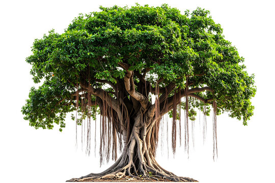 Old Banyan Tree with Hanging Roots and Hollow Trunk, PNG Transparent Background
