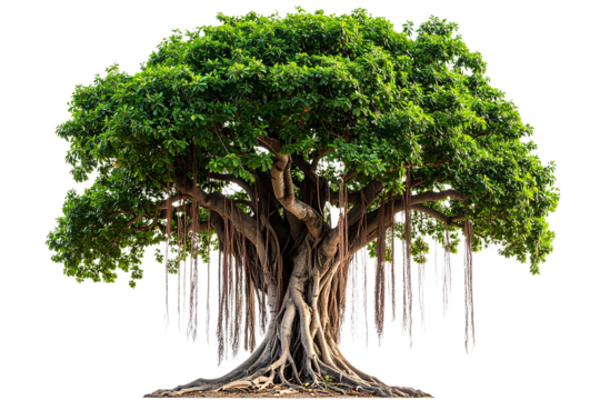 Old Banyan Tree with Hanging Roots and Hollow Trunk, PNG Transparent Background