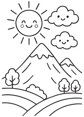 Coloring book page Cute sunny mountain landscape with smiling sun and cloud