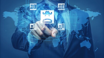 Digital Interface with Finger Touching Virtual Icons on World Map Overlay