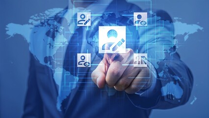 Businessman Touching Digital Interface with Global Network Background