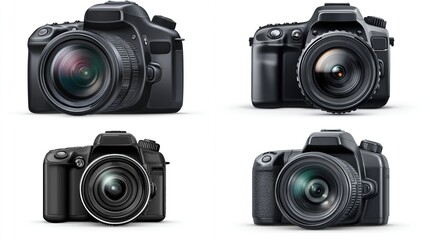Four realistic, sleek black DSLR cameras in various angles on a white background