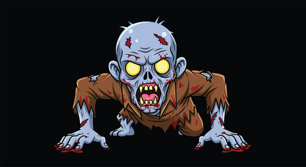 Creepy zombie crawling forward, torn clothes, glowing eyes, blood stains, horror illustration, Halloween theme, undead monster, spooky artwork, scary concept