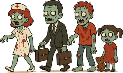 Cartoon zombies including nurse, businessman, child, and teddy bear walking together, fun creepy Halloween illustration, horror character design concept