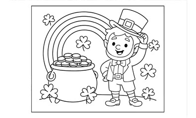 Cheerful cartoon leprechaun with pot of gold and rainbow coloring page