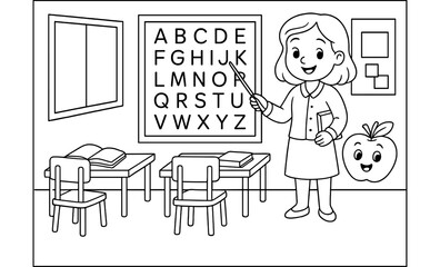 Fototapeta premium Monochrome classroom scene with teacher and alphabet chart for kids