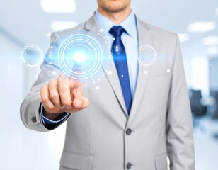 businessman in a formal suit is activating an invisible digital interface by pressing an unseen button in mid air with determination, silhouette