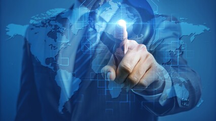 Businessman touching digital futuristic interface on global technology map