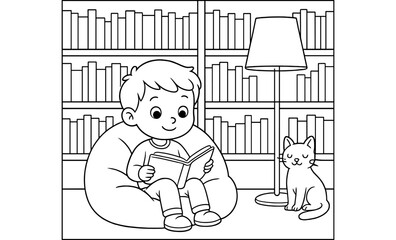 Boy reading book beside cat in cozy library setting with floor lamp