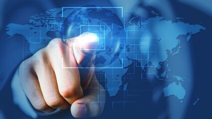 Hand Interacting with Virtual Global Interface on Blue World Map Background