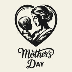 Black and white flat vector illustration of a young mother holding her baby inside a heart shape. Perfect for Mother’s Day, love, and family designs.
