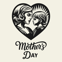 Black and white flat vector illustration of a young mother holding her baby inside a heart shape. Perfect for Mother’s Day, love, and family designs.