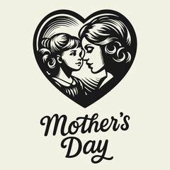 Black and white flat vector illustration of a young mother holding her baby inside a heart shape. Perfect for Mother’s Day, love, and family designs.