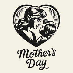 Black and white flat vector illustration of a young mother holding her baby inside a heart shape. Perfect for Mother’s Day, love, and family designs.