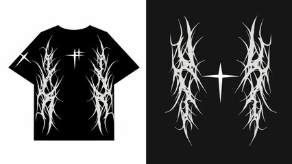 neo tribal t-shirt design with cross in cyber Y2K gothic style, perfect for streetwear, apparel prints, or digital fashion projects