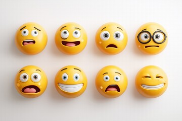 Fototapeta premium 3D Emoji Mood Pack: 8 Cute Expressions on White Background for Social Media Day, Universal Digital Stickers for Psychology, Streaming & Business