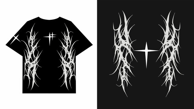 neo tribal t-shirt design with cross in cyber Y2K gothic style, perfect for streetwear, apparel prints, or digital fashion projects