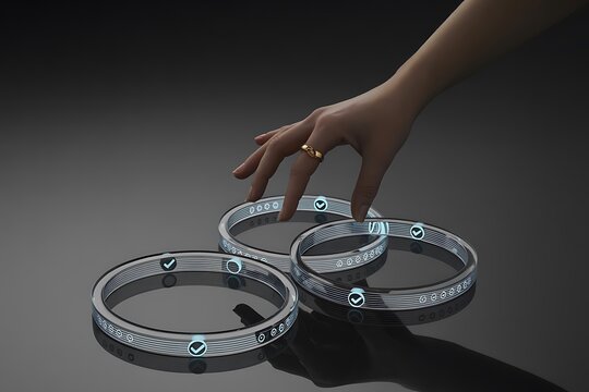 Hand touching glowing rings with digital interface image