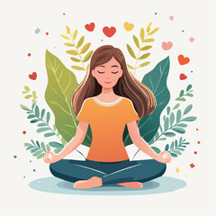 Meditating woman sitting in lotus position surrounded by nature, radiating wellness and love in a peaceful, harmonious design.