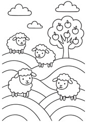 Coloring book page Sheep grazing on green hills