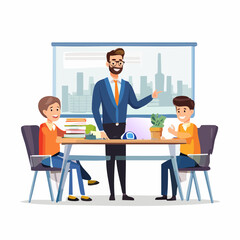 Cartoon professor teaching students in a classroom environment, demonstrating learning process and collaborative educational interaction with city view background.