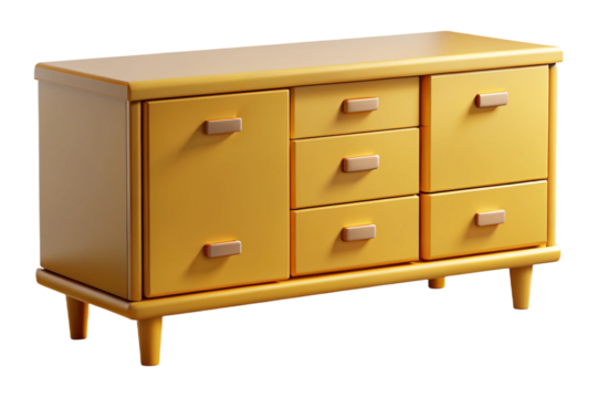 Retro yellow dresser with drawers and cabinet doors isolated on transparent background