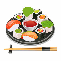 Delightful sushi platter featuring assorted rolls and nigiri, artistically presented with chopsticks, ready for restaurant menus or culinary designs.
