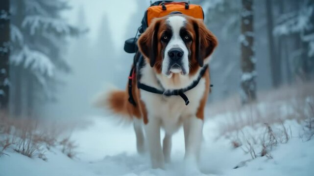 Loyal saint bernard dog with a backpack walks through a snowy winter forest path