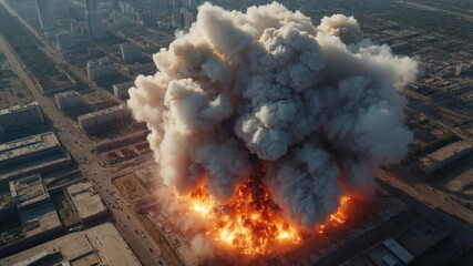 Massive explosion erupts in a city, creating a towering cloud of smoke and flames.