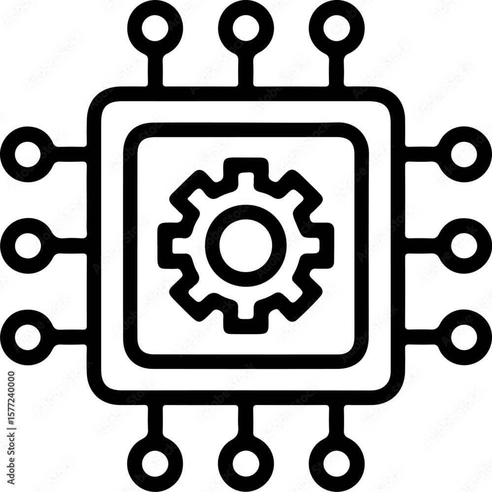 Poster black line art icon of a central processing unit with a gear inside and connection points