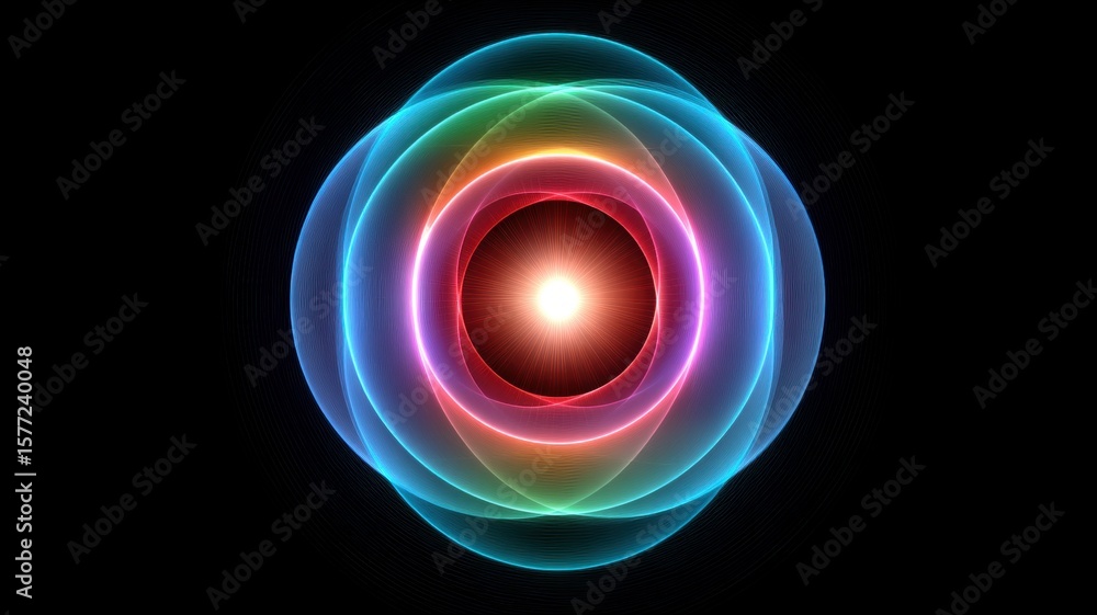 Poster futuristic quantum model. abstract glowing circular pattern on black background.