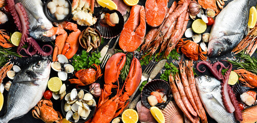 Seafood. Wide banner. Fresh fish, shrimp, oysters, lobster and octopus on slate black table. Top view.