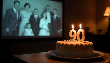 Nostalgic 90th birthday cake with burning candles celebrating a milestone with a vintage family photo in the background