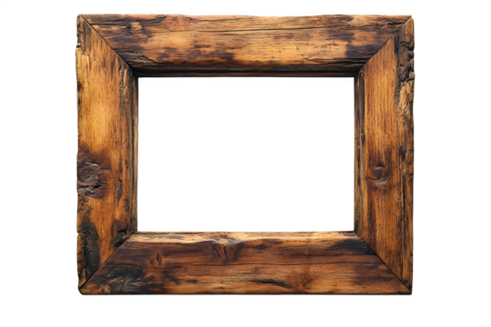 Wooden picture frame standing upright isolated on white background