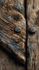 Obraz premium Close-up view of weathered wooden door with rusty metal fasteners showcasing rustic charm and natural textures