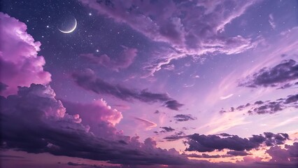 Magical Twilight Sky with Crescent Moon, Shining Stars, and Vibrant Purple Clouds in a Dreamy Nightscape Background