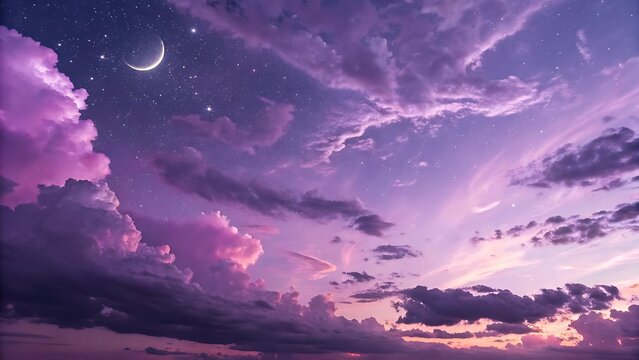 Magical Twilight Sky with Crescent Moon, Shining Stars, and Vibrant Purple Clouds in a Dreamy Nightscape Background