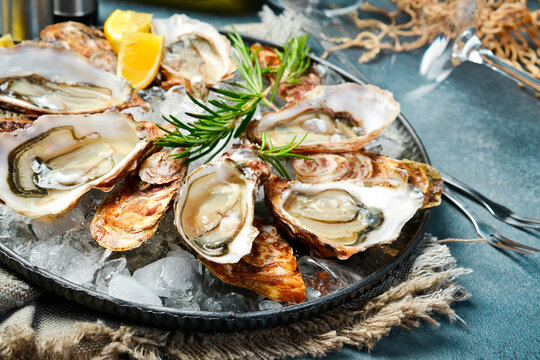 Fresh oysters with lemon on a plate. Healthy seafood. Dinner in restaurant. Gourmet food, side view. - Powered by Adobe