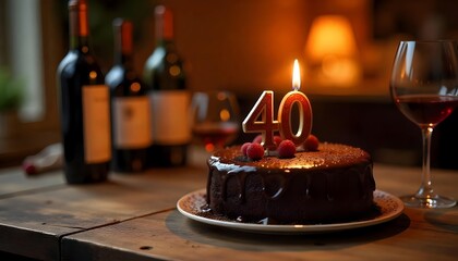 Chocolate 40th birthday cake with a lit candle and red wine on a rustic table for an intimate celebration