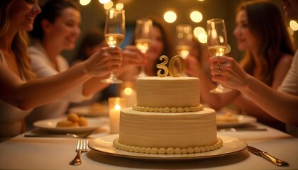 White 30th Birthday Cake at a Celebratory Dinner Party with Friends Toasting Champagne in a Warmly Lit Setting