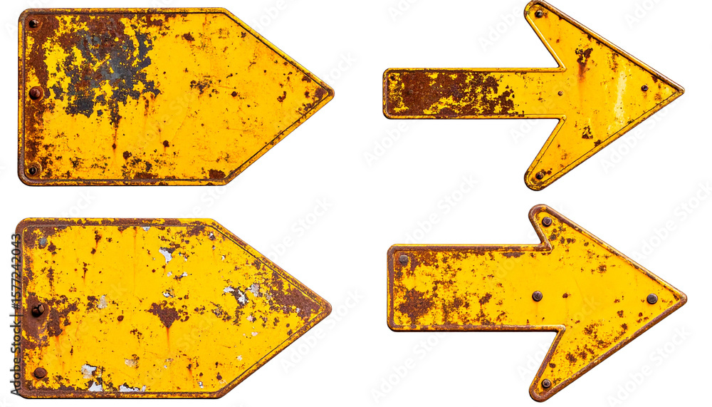 Aufkleber four yellow rusty arrow signs isolated on a white background. the signs are all pointing in differen