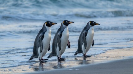 Naklejka premium Three gentoo penguins standing on a sandy beach with gentle waves lapping at their feet