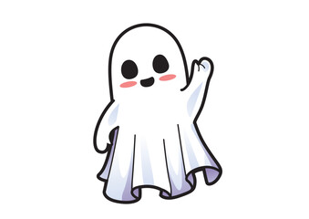 Happy Halloween ghost character waving with a friendly smile. Halloween concept
