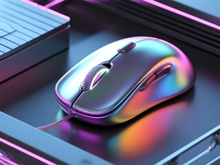 Futuristic chrome computer mouse with iridescent glow and neon lighting