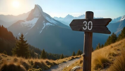 Rustic wooden sign with the number 30 on a scenic mountain trail at sunrise symbolizing a milestone or anniversary